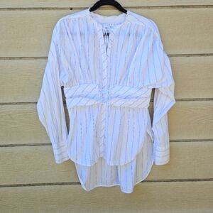 Sandro Paris white button front tunic with corset detail neck tie blue stripes M